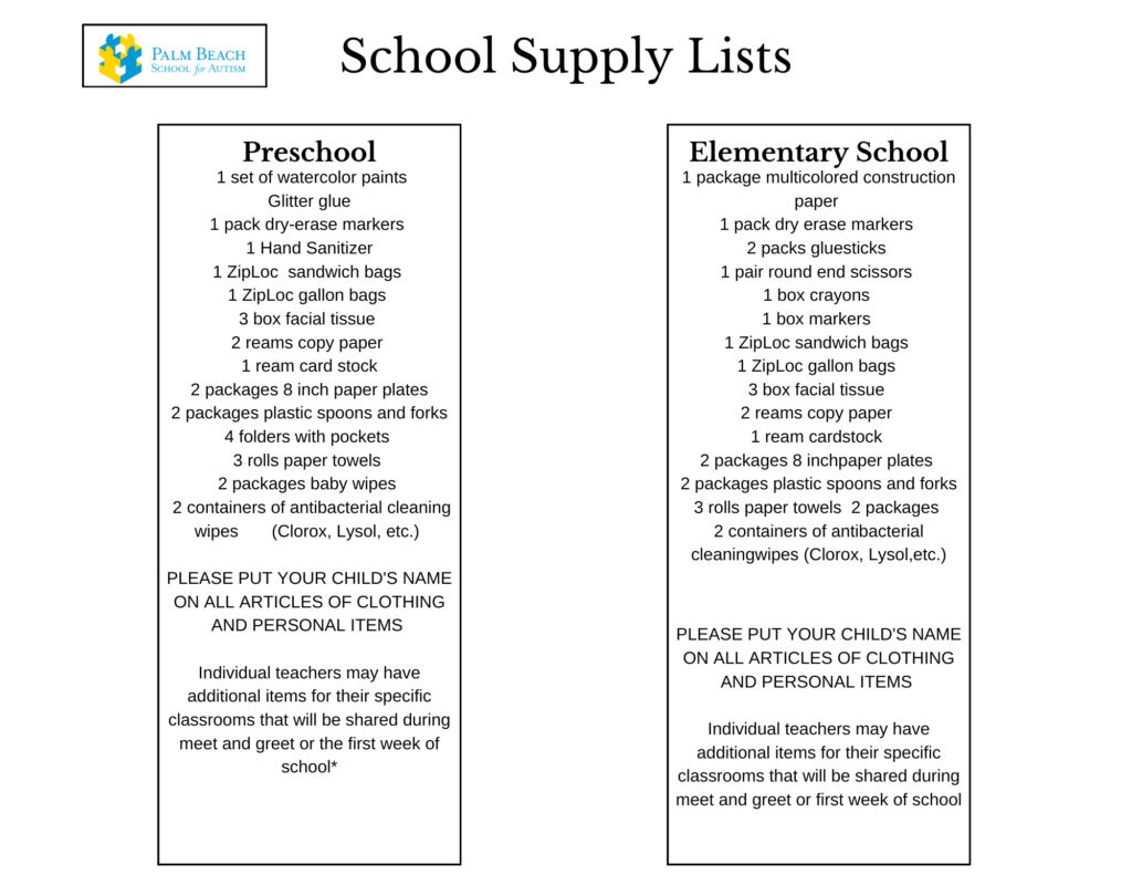 School Supply Lists Palm Beach School for Autism