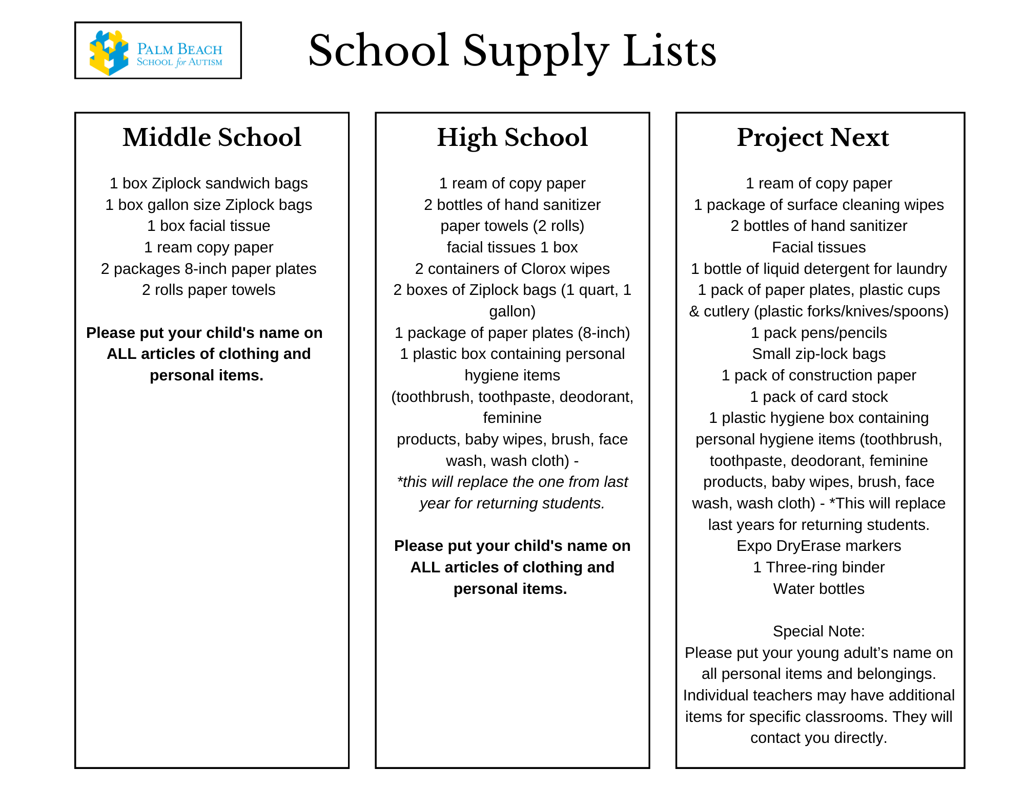 School Supply Lists Palm Beach School for Autism
